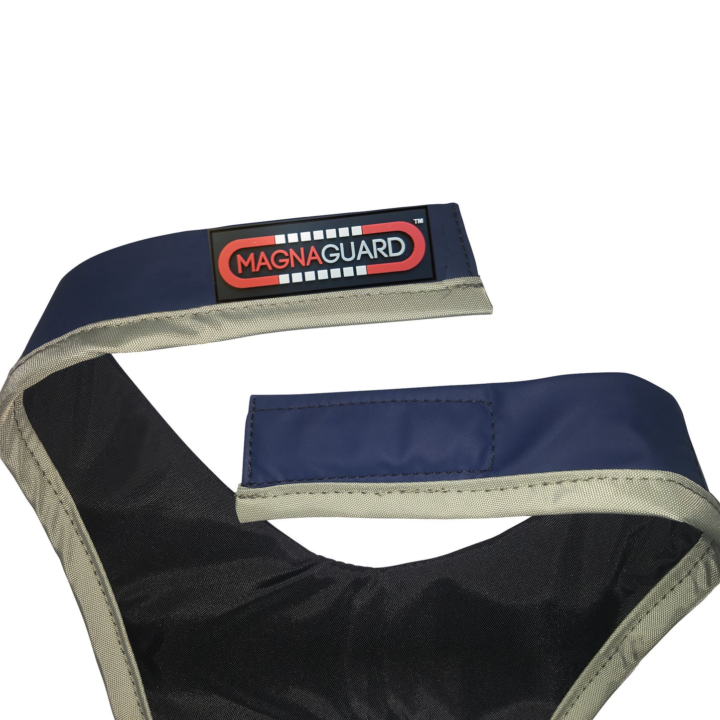 Barrier Technologies MagnaGuard Thyroid Shield with a blue and beige stretchable strap and closure, featuring the logo on one end.
