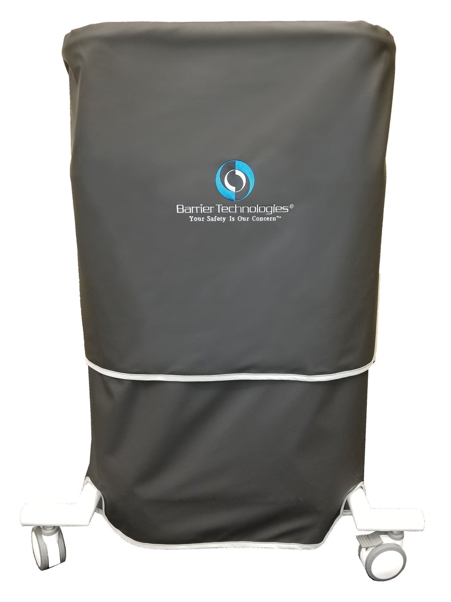 The Barrier Technologies Terminator XR Mobile Shield features a gray protective cover with a logo, mounted on wheels for mobility.