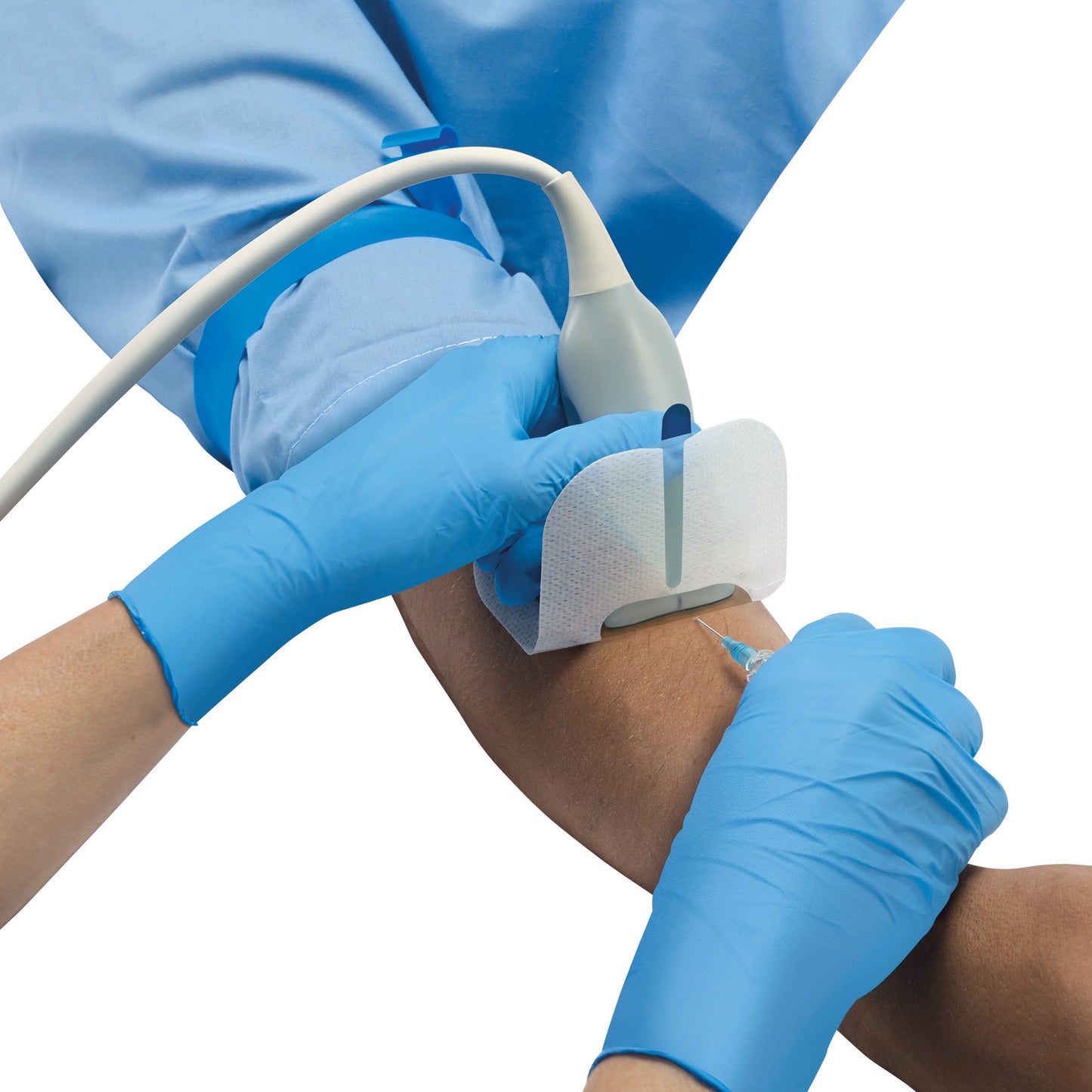 A medical professional uses the Parker UltraDrape UGPIV Barrier and Securement while performing a procedure on a patient's arm.
