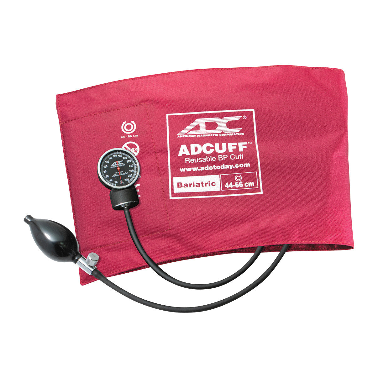 ADC Diagnostix Bariatric Pocket Aneroid Sphygmomanometer with a red reusable BP cuff and black bulb, for 44-66 cm arm circumference.