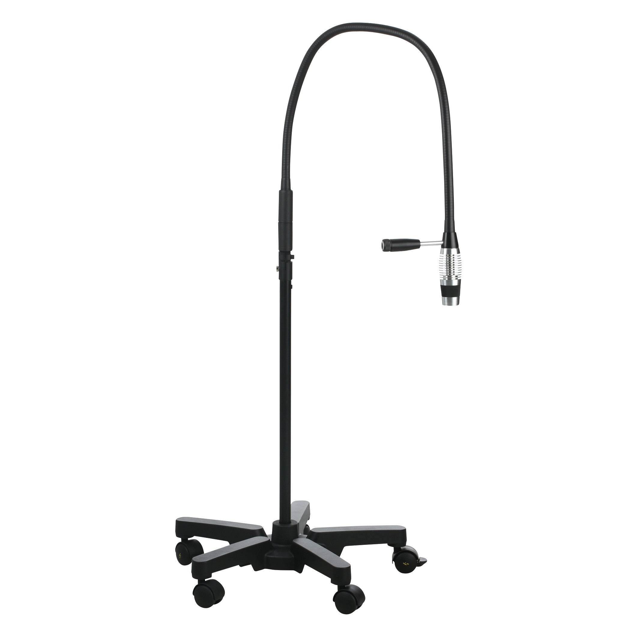 'Riester ri-magic HPLED Exam Light with a flexible black neck and a wheeled base for easy mobility.'