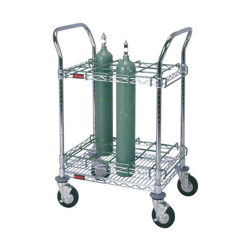A Respiratory Therapy Cart with two green oxygen tanks on a metal frame with two shelves, handles, and four wheels.