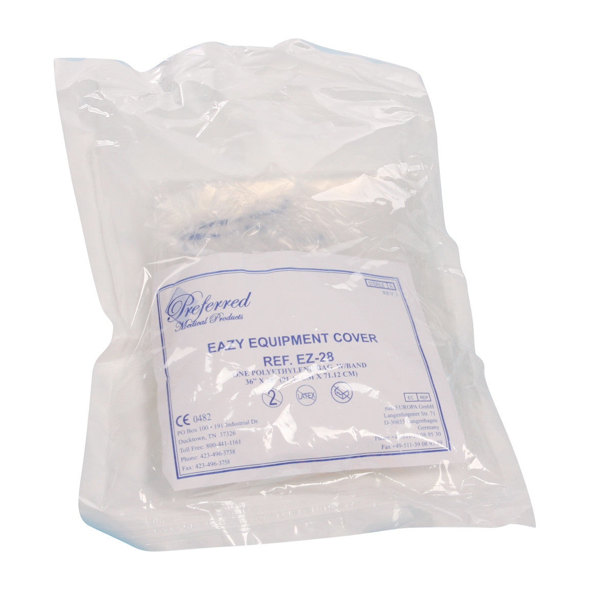 Plastic packaging for AliMed AliBag Eazy Equipment Cover, Ref. EZ-28, in transparent wrapping with printed details.
