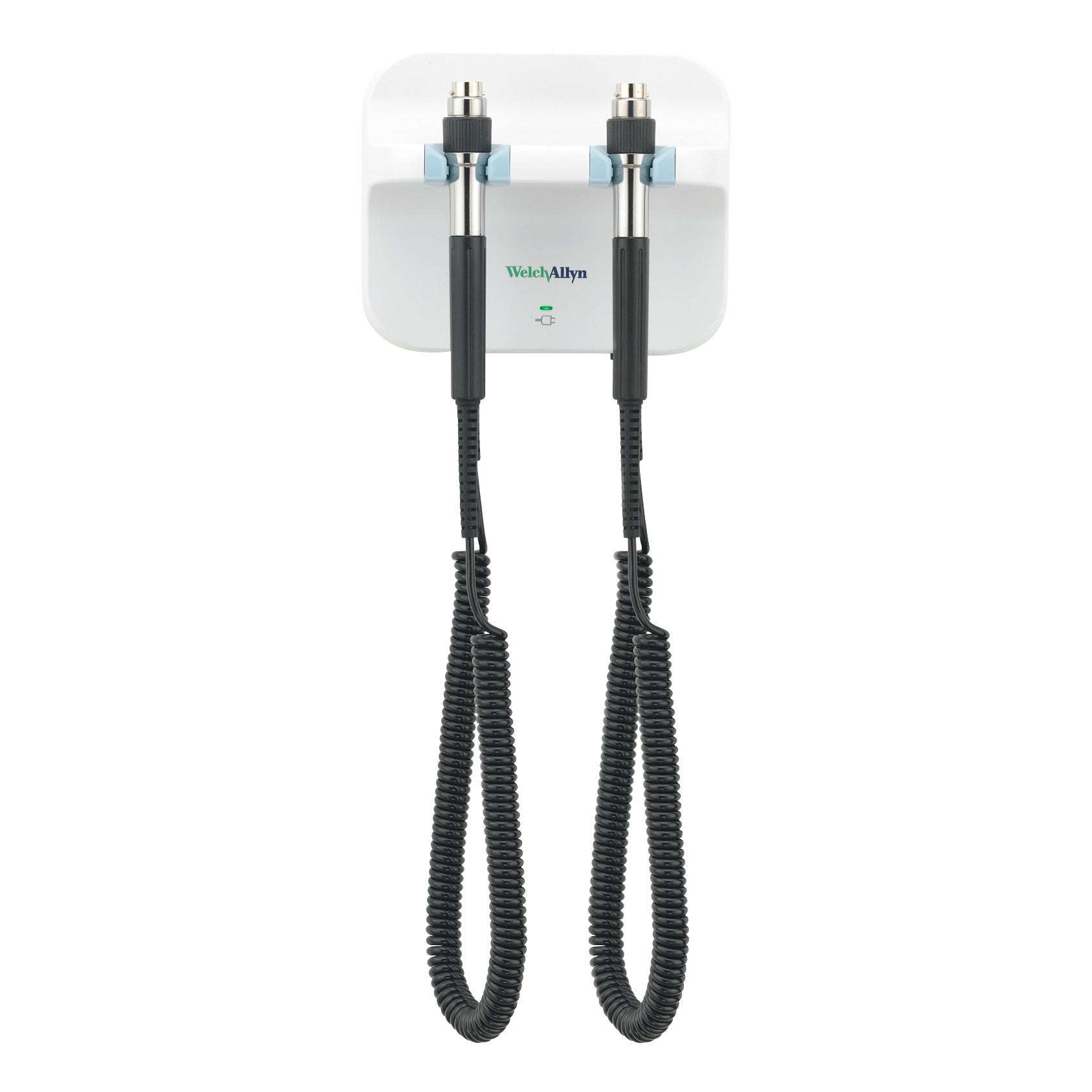 Welch Allyn 777 Basic Wall Diagnostic System with two instruments on a white mount featuring coiled cords, used for medical diagnostics.