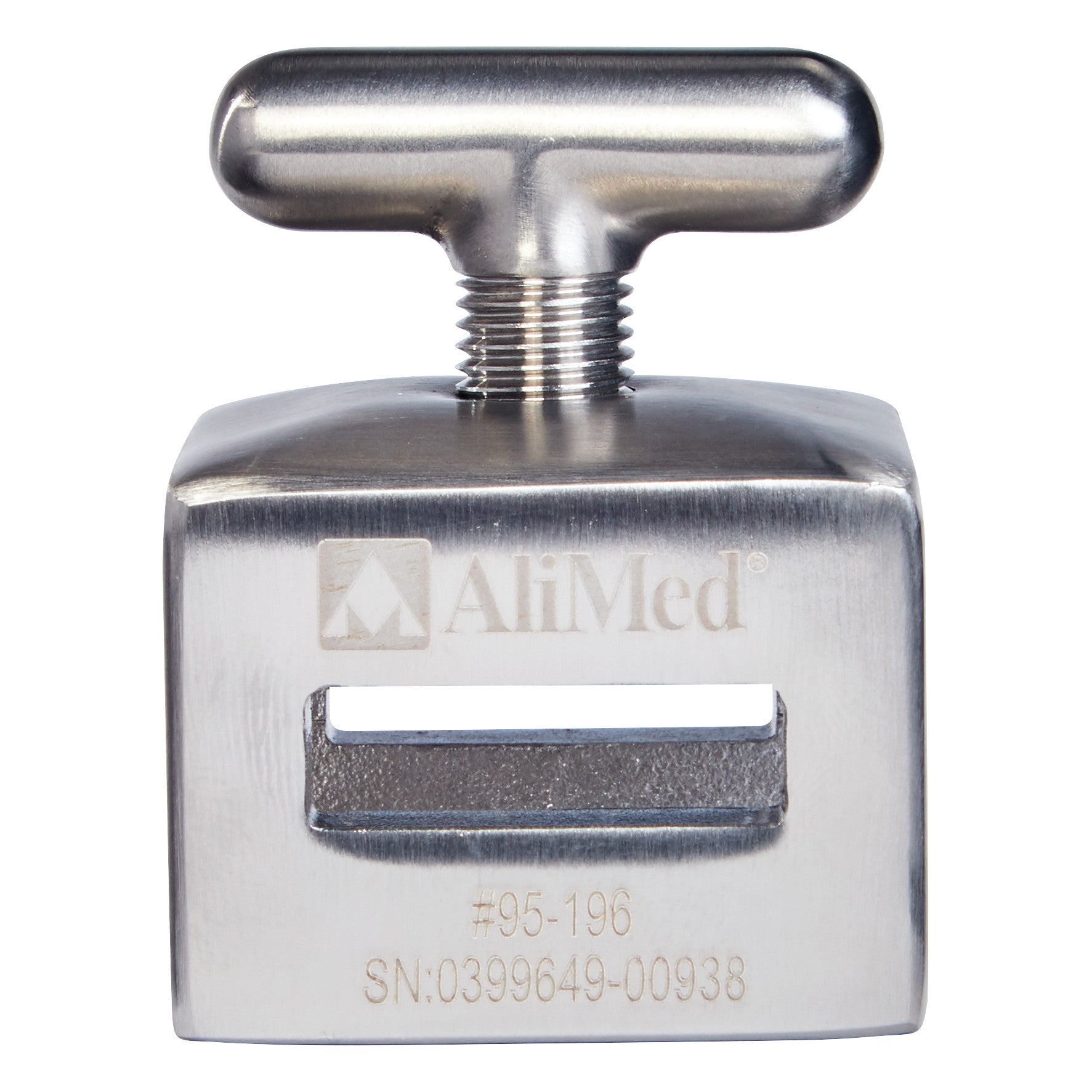 AliMed Stainless Steel Side Rail Socket with a T-shaped handle and slots for attachment, engraved with serial and product numbers.