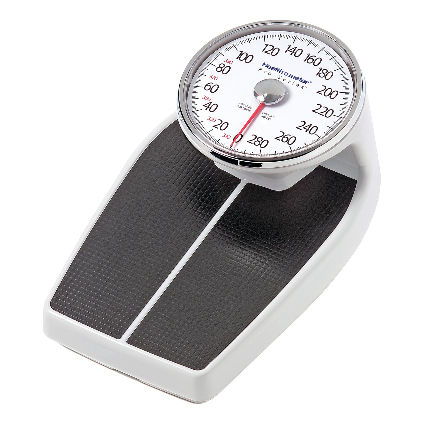 The Health o meter Mechanical Floor Scale features a black textured platform and a large dial with a red needle, displaying weight in pounds.