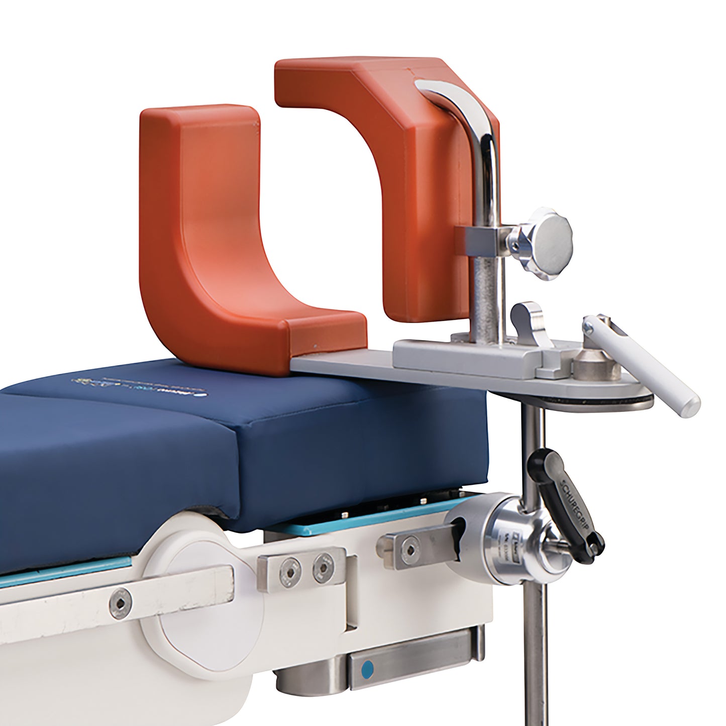Mizuhosi Waterproof Arthroscopic Leg Holder with orange U-shaped pads on a blue-cushioned surgical table.