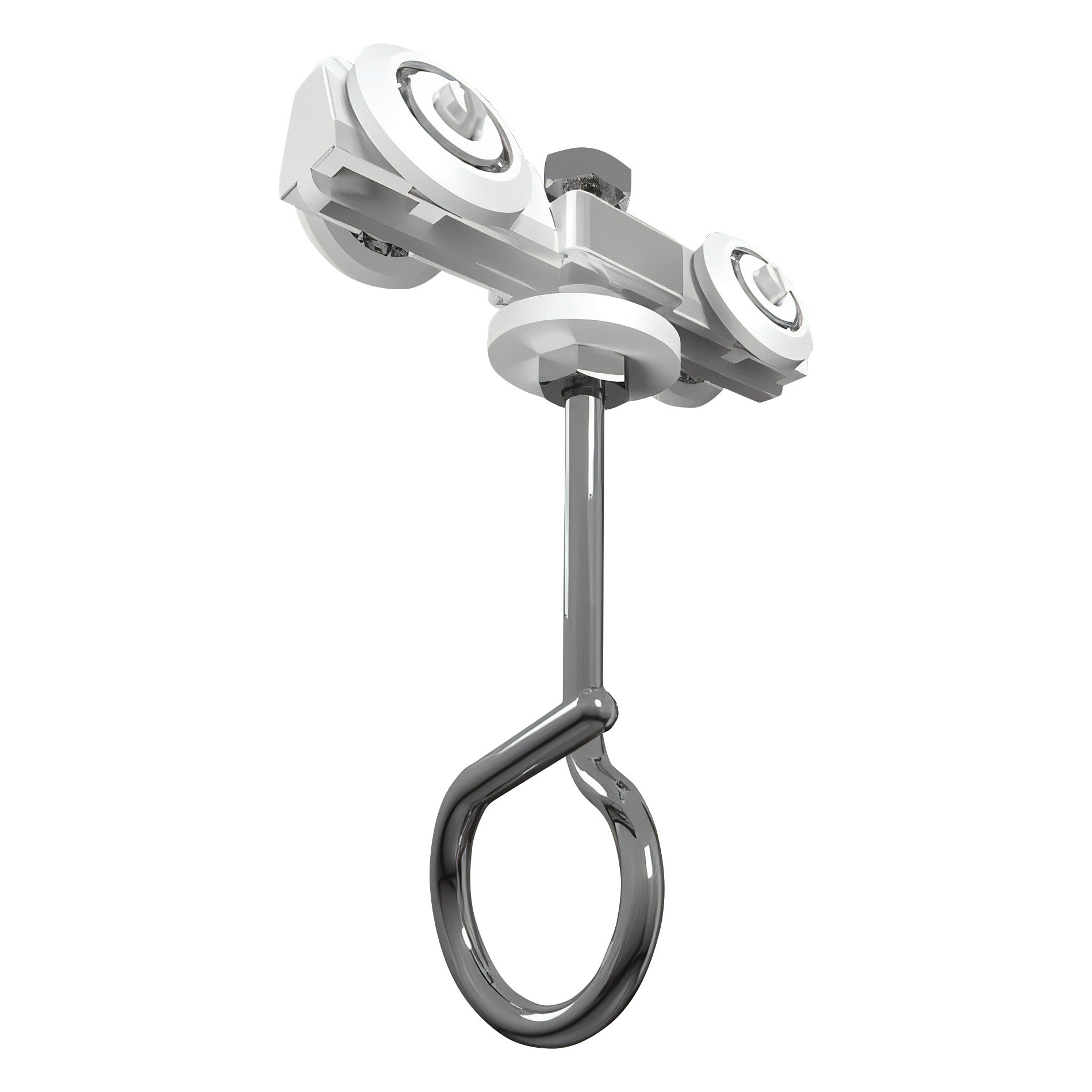 inpro Ultra Cube IV Carriage features a sleek metal hook attached to a white rolling mechanism designed for overhead tracks.