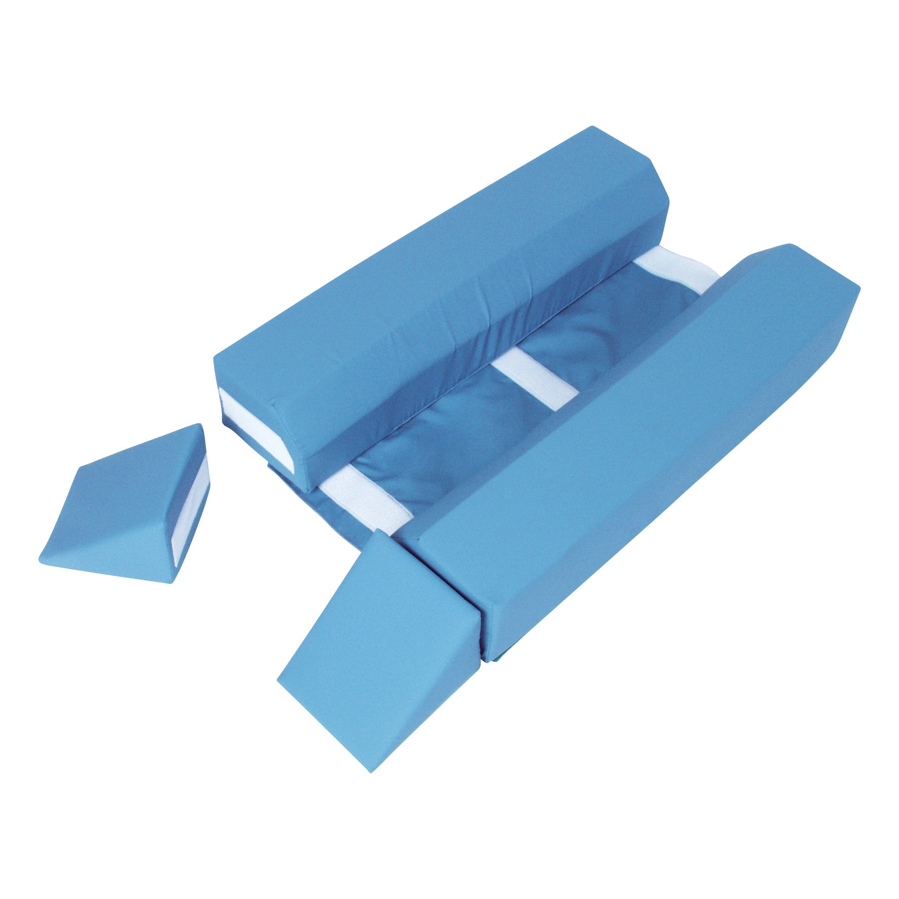 AliMed Vinyl-Covered Prone Lying System with blue foam supports, designed to position and stabilize patients, includes triangular cushions.