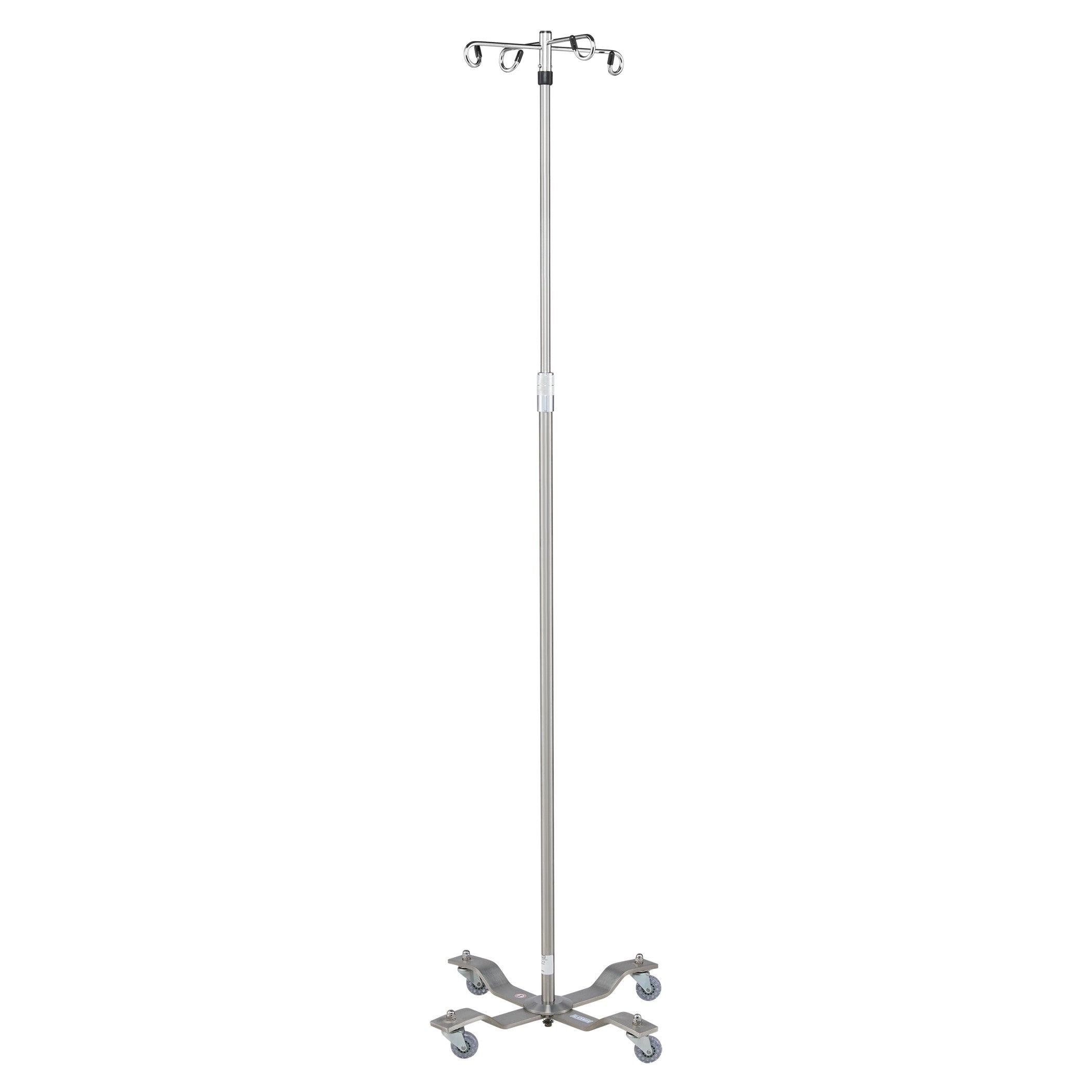 Blickman Four-Leg Stainless Steel IV Stand with Heavyweight Base, featuring four caster wheels and adjustable hooks on top.