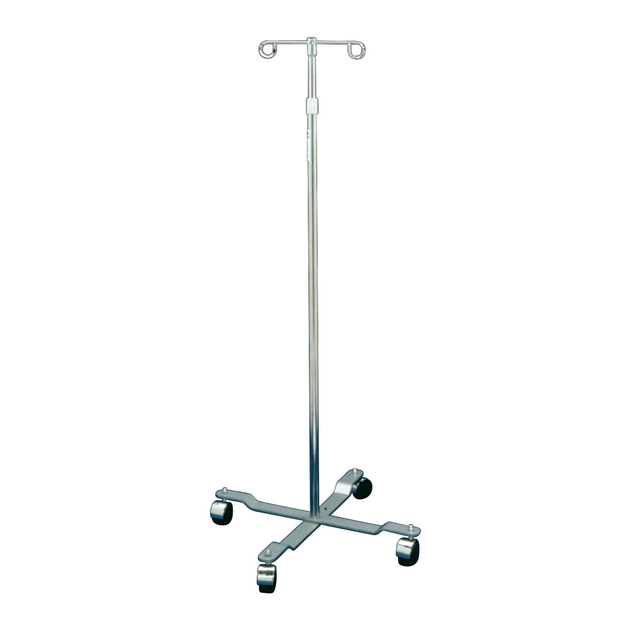Drive Medical Economy IV Pole with four caster wheels and two hooks, designed for medical use, has an adjustable height feature.