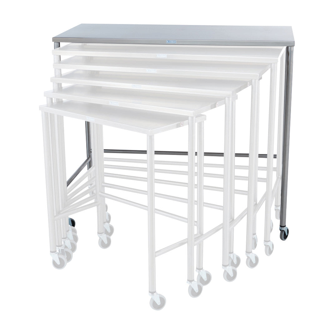 A set of Blickman Nested Instrument Tables, Single Table, nesting into one another on rolling casters with white frames and gray tops.