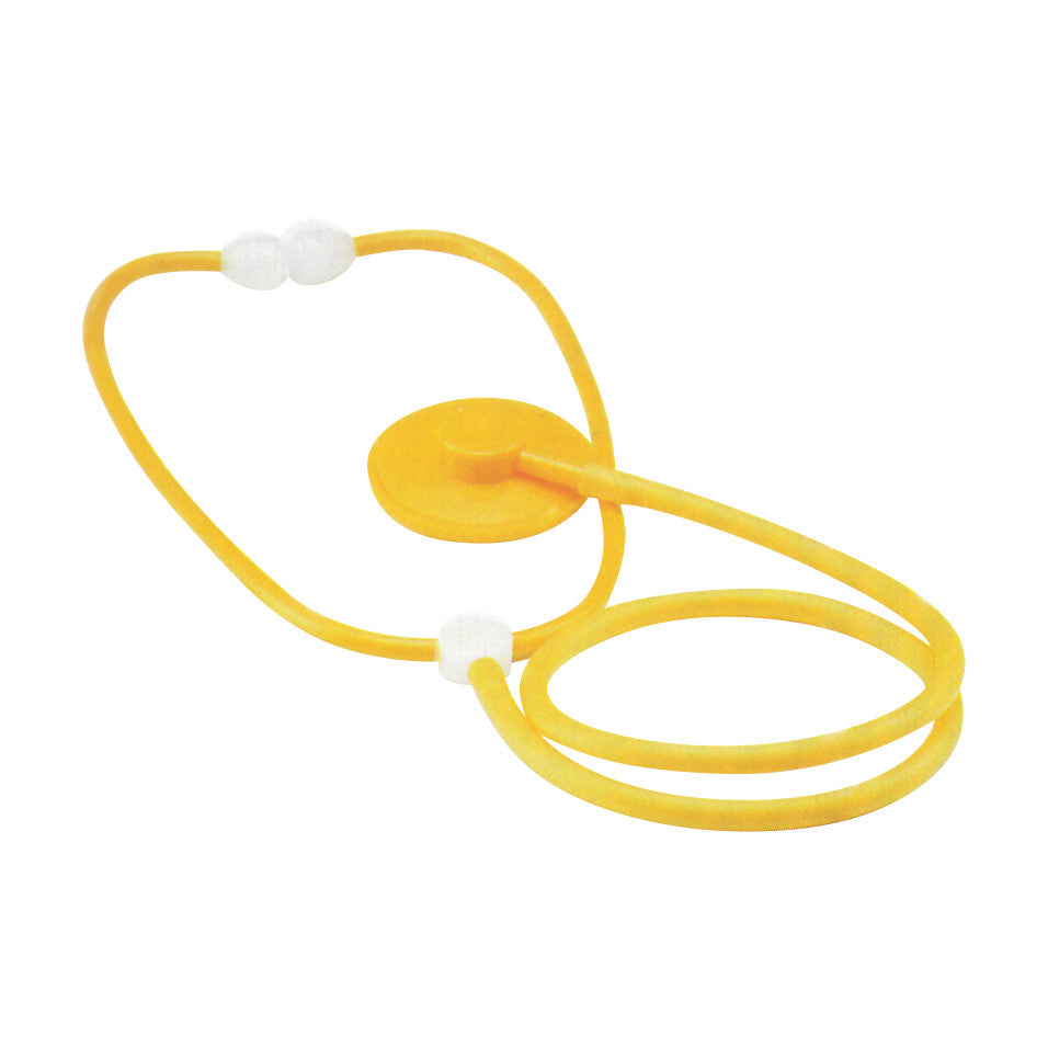 Yellow ADC Proscope 664 Disposable Stethoscope with white earpieces and dual tubing, coiled on a white background.
