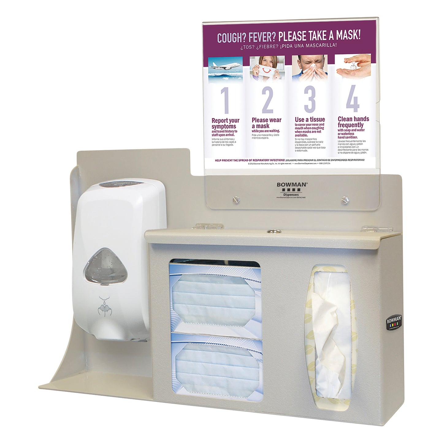 Bowman Locking Touchless Counter/Wall Hygiene Center with mask, tissue dispensers, hand sanitizer, and health guideline poster.