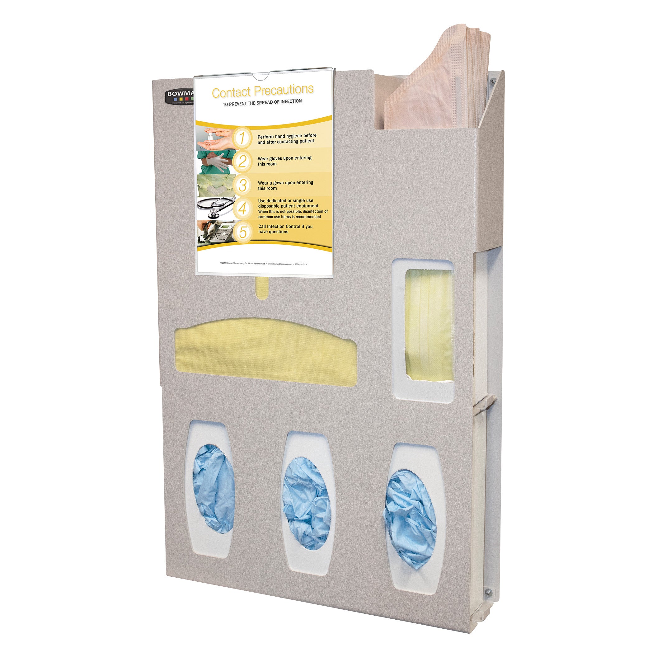 Bowman Tri-Glove Single-Gown ABS ADA-Compliant Isolation Station with gloves, gown, and a contact precautions sign in a wall-mounted unit.