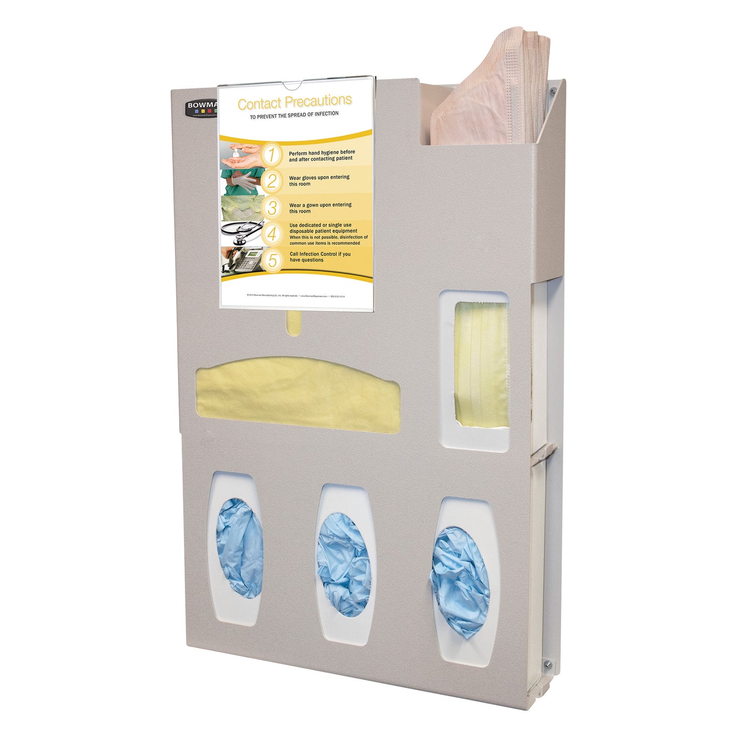 Bowman Tri-Glove Single-Gown ABS ADA-Compliant Isolation Station with gloves, gown, and a contact precautions sign in a wall-mounted unit.