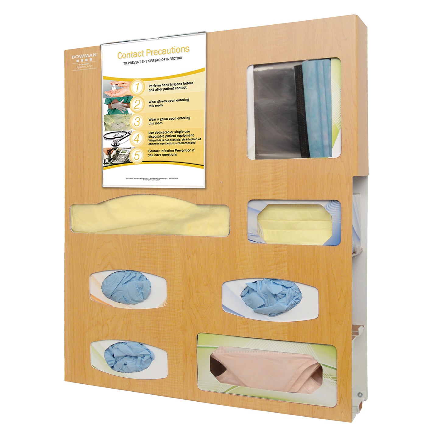 The Bowman Tri-Glove Single-Gown ABS Isolation Station holds disposable gloves, gowns, and a contact precautions sign for infection control.