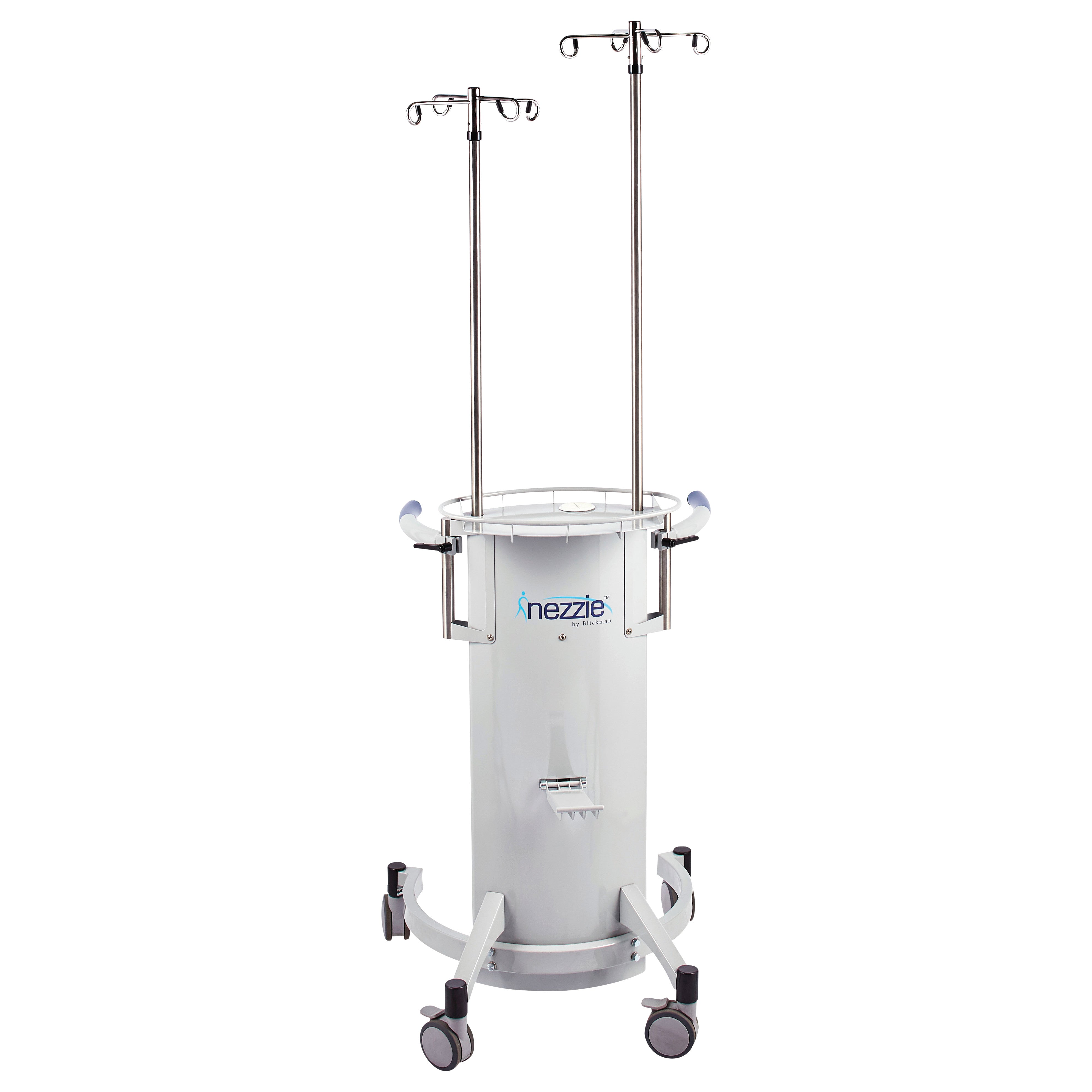 Blickman Nezzie Ambulation Device with two IV poles, a cylindrical base, handles, and wheels for patient mobility support.