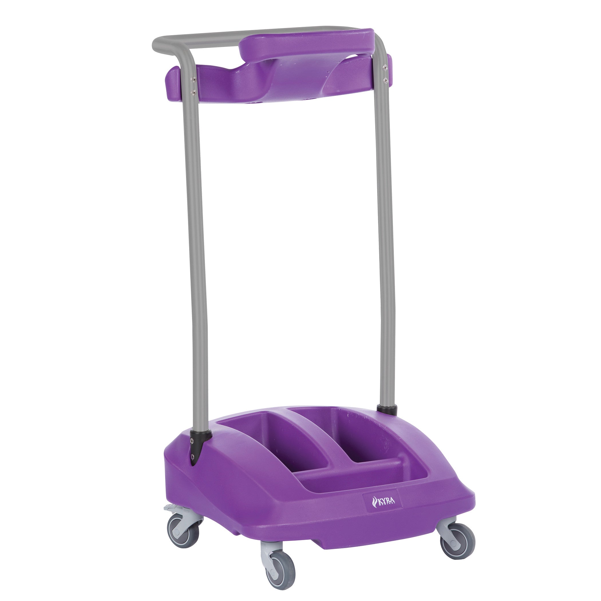 Purple cart with two handles and four wheels. The KYRA Purple Stirrup Cart is used for organizing and transporting items.