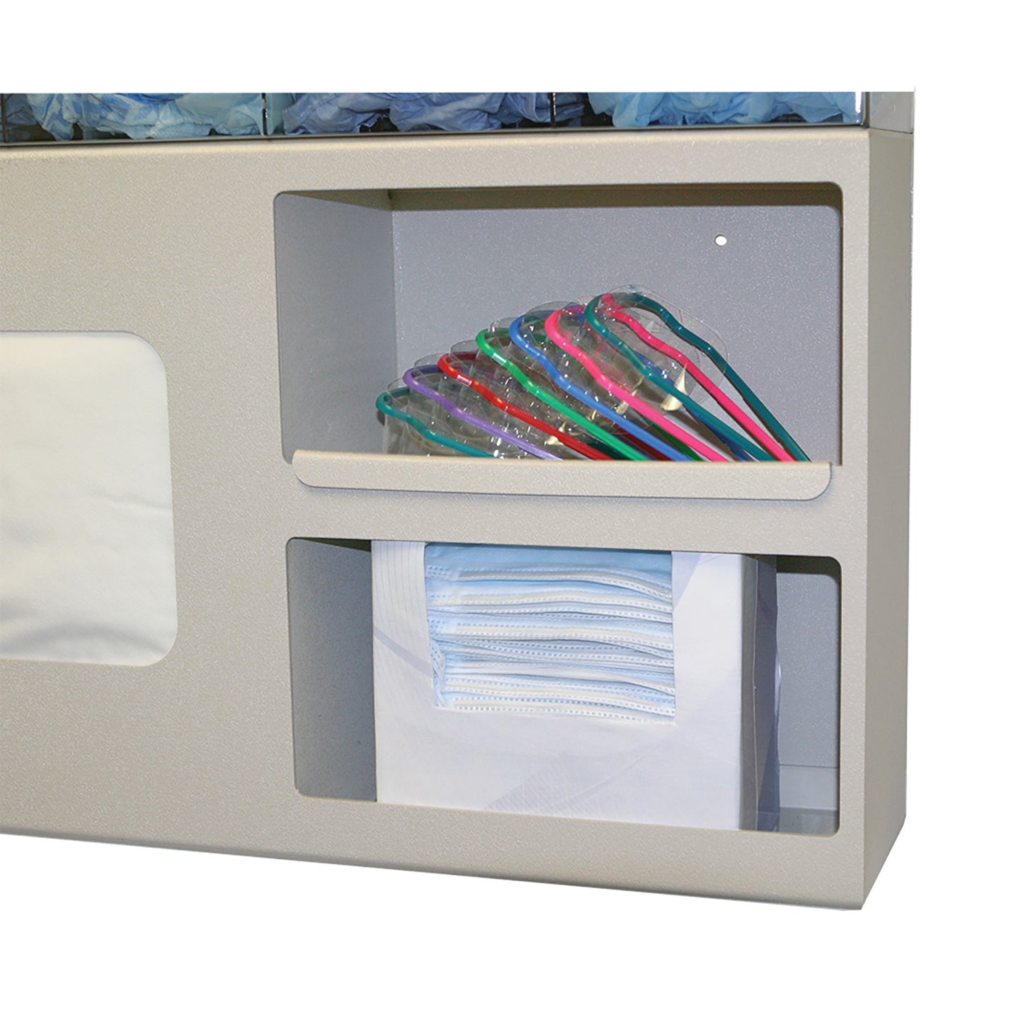 The Bowman Quad Bulk ABS Isolation Station holds colorful stethoscopes and a stack of disposable face masks in designated compartments.