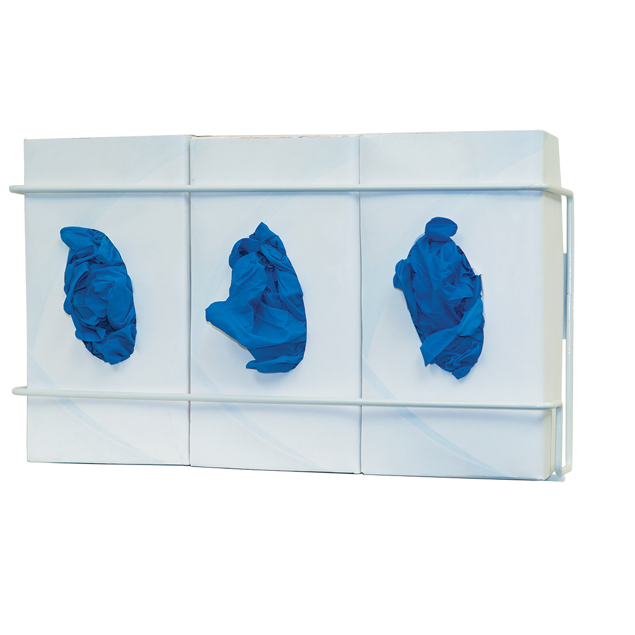 The Bowman Wire Triple Glove Box Dispenser holds three blue glove boxes horizontally in a metal wire frame.