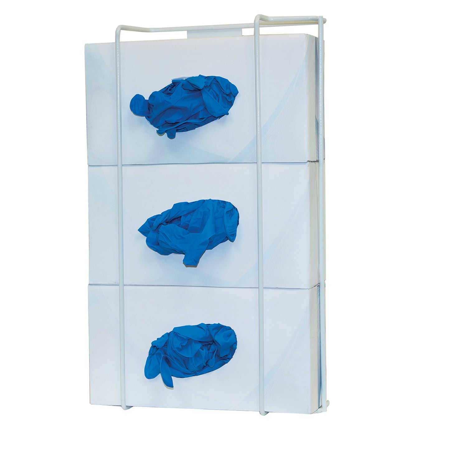Bowman Wire Triple Glove Box Dispenser holding three boxes of blue gloves, with each box having a glove protruding from an opening.