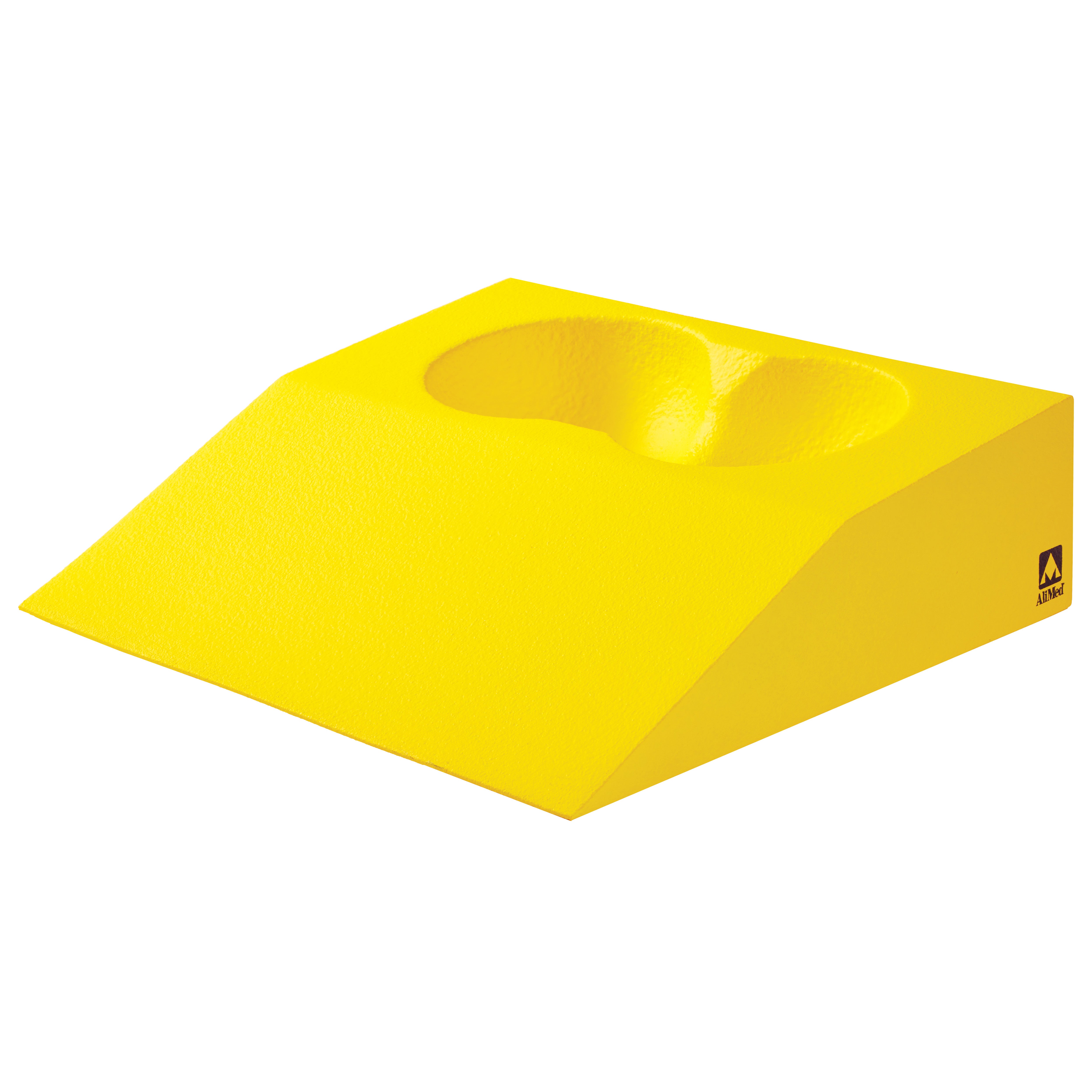The AliMed Protecta-Coat Female Prone Positioner is a yellow, wedge-shaped cushion with a contoured area for chest support.