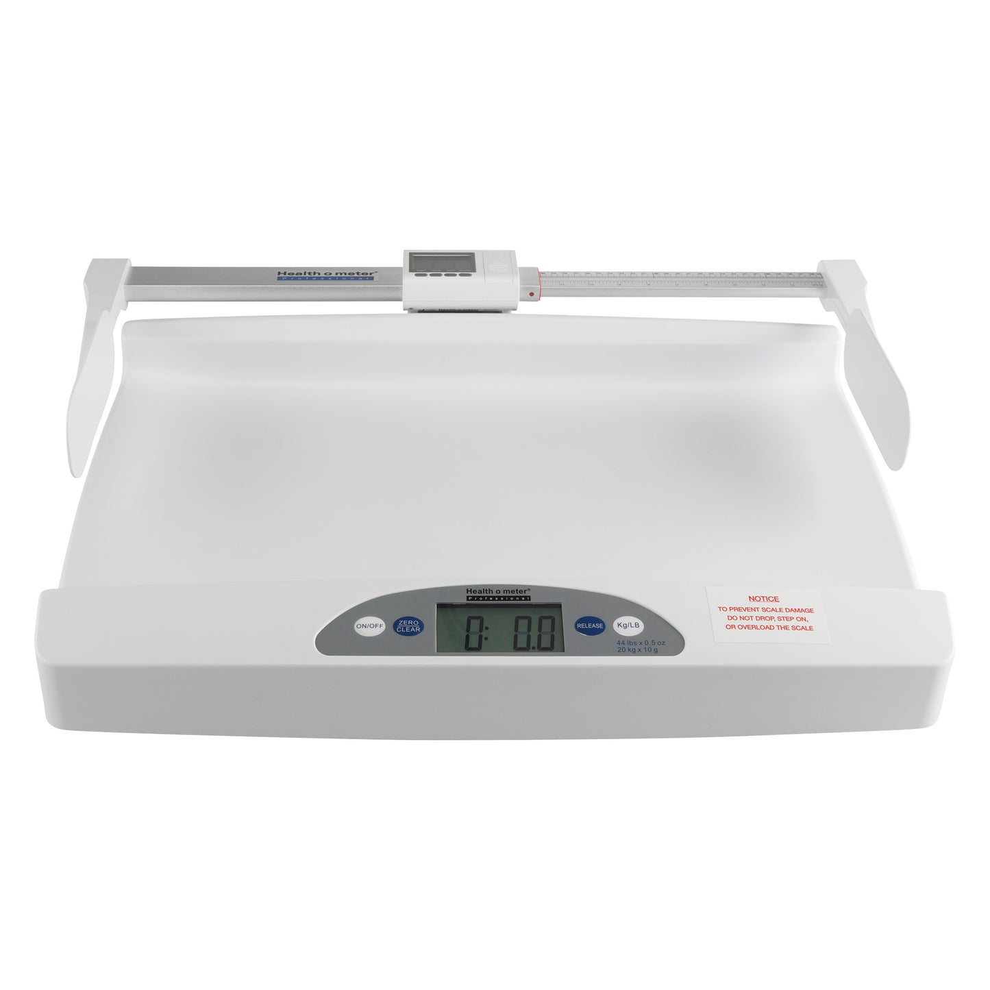 The Health o meter Digital Pediatric Scale is a white scale with a digital display and a height measuring slider, designed for infants.
