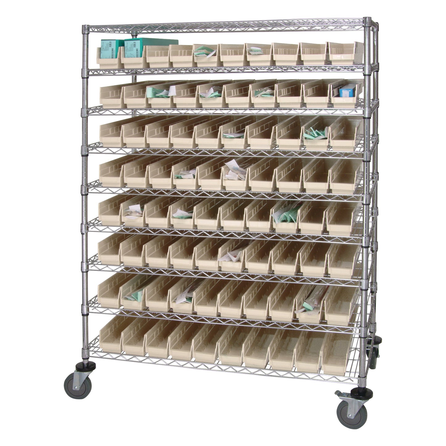 Quantum Storage Catheter Cart with Clear Bins on wheels, featuring multiple shelves with compartmentalized plastic bins.