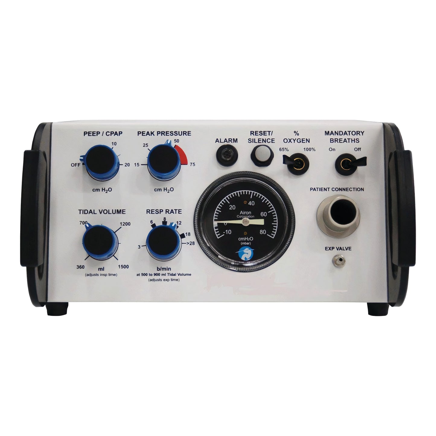 The MRI Ventilator control panel displays various settings with dials for PEEP, peak pressure, tidal volume, and respiratory rate.