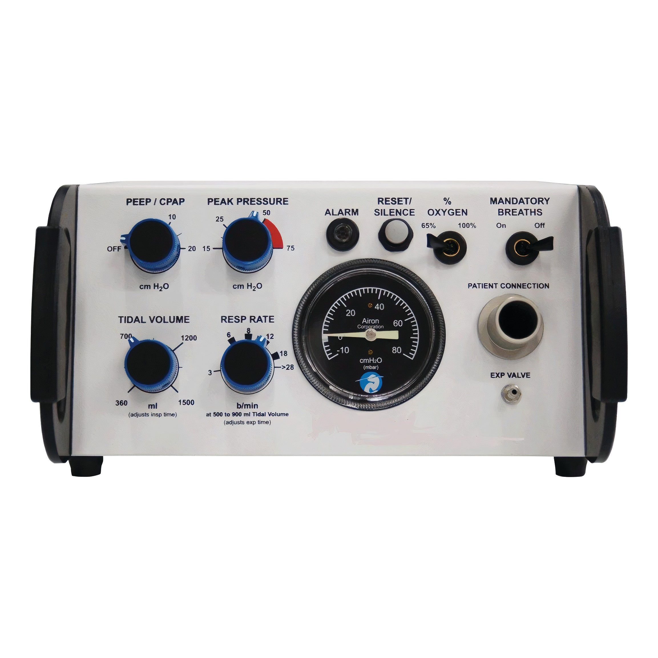 The MRI Ventilator control panel displays various settings with dials for PEEP, peak pressure, tidal volume, and respiratory rate.