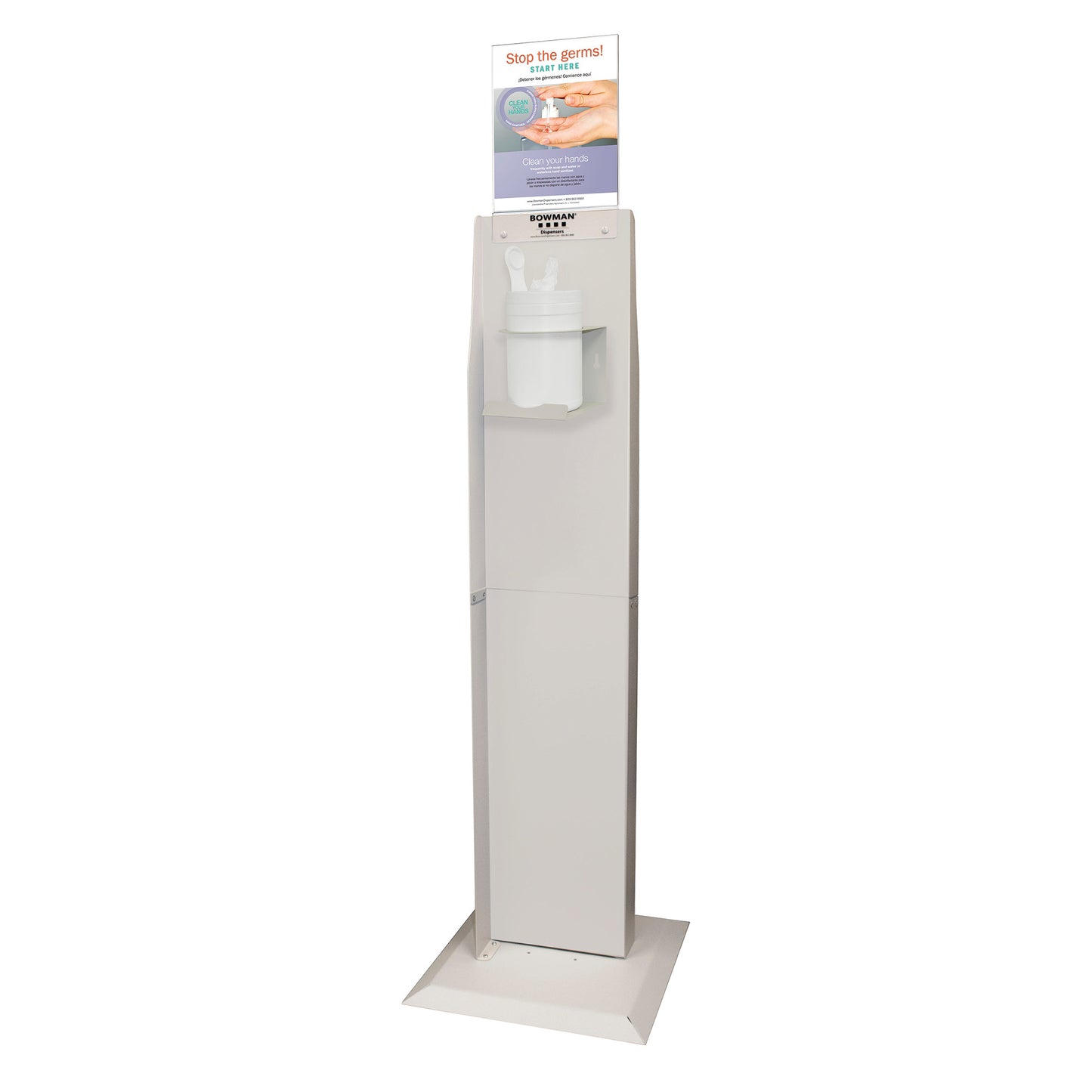 Wipes Dispenser for Bowman Dual-Sided Floor Stand features a container holder and a sign urging hand hygiene.