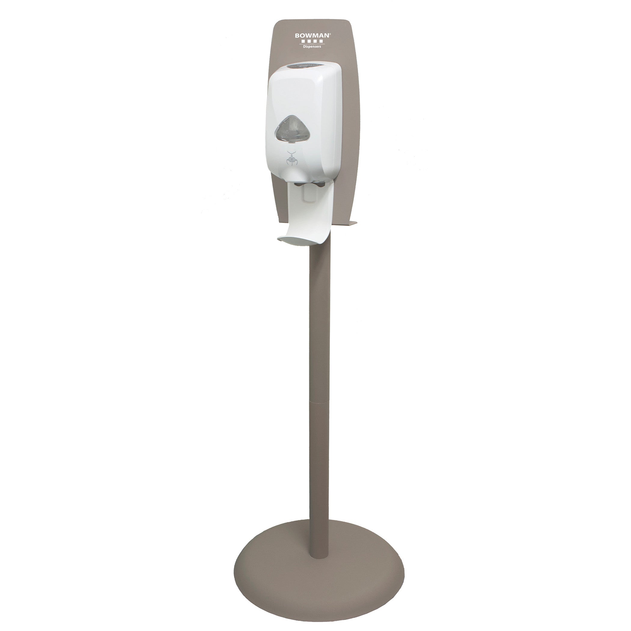 The Bowman Hand Sanitizer Dispenser Floor Stand features a white dispenser on a gray stand with a round base and a drip tray.