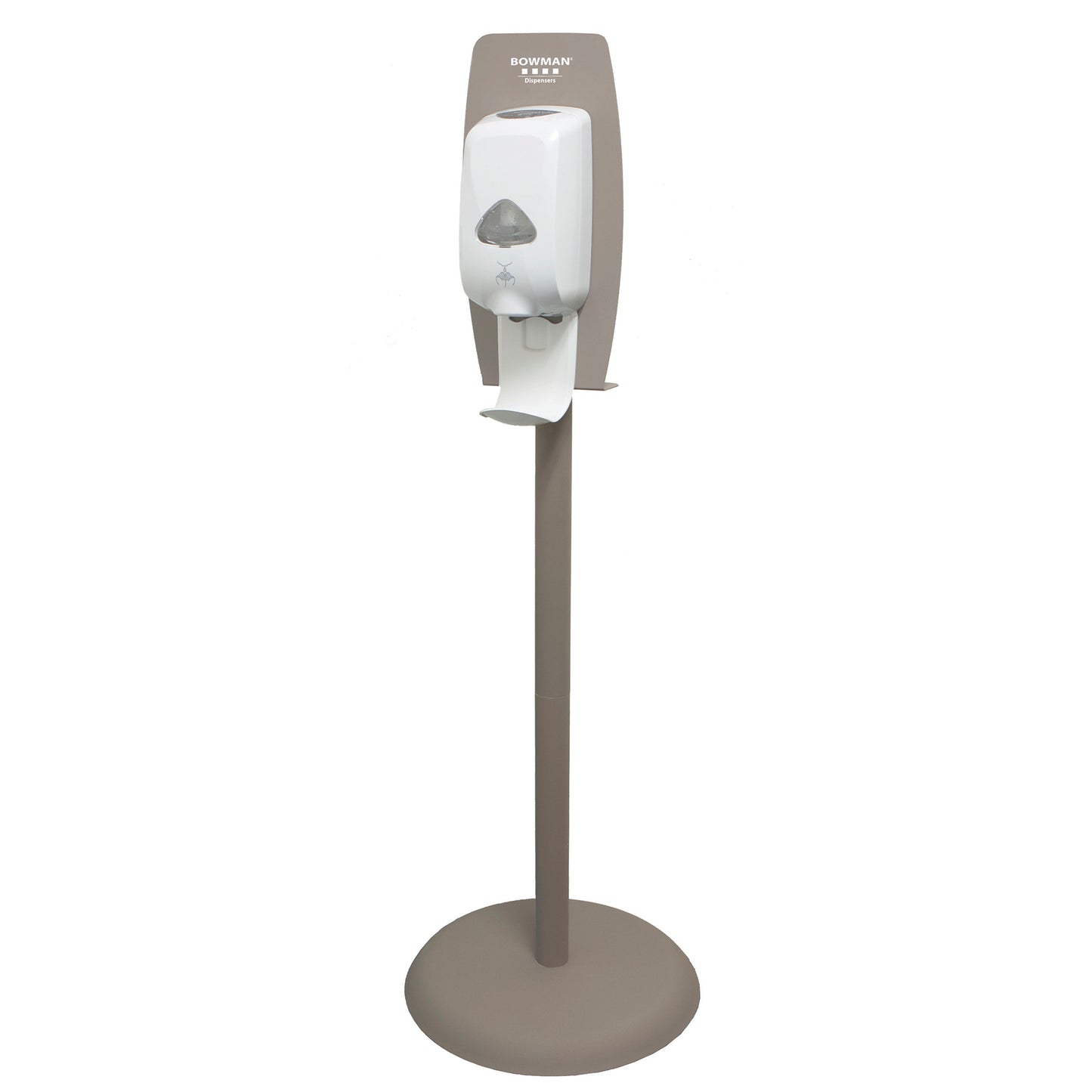 The Bowman Hand Sanitizer Dispenser Floor Stand features a white dispenser on a gray stand with a round base and a drip tray.