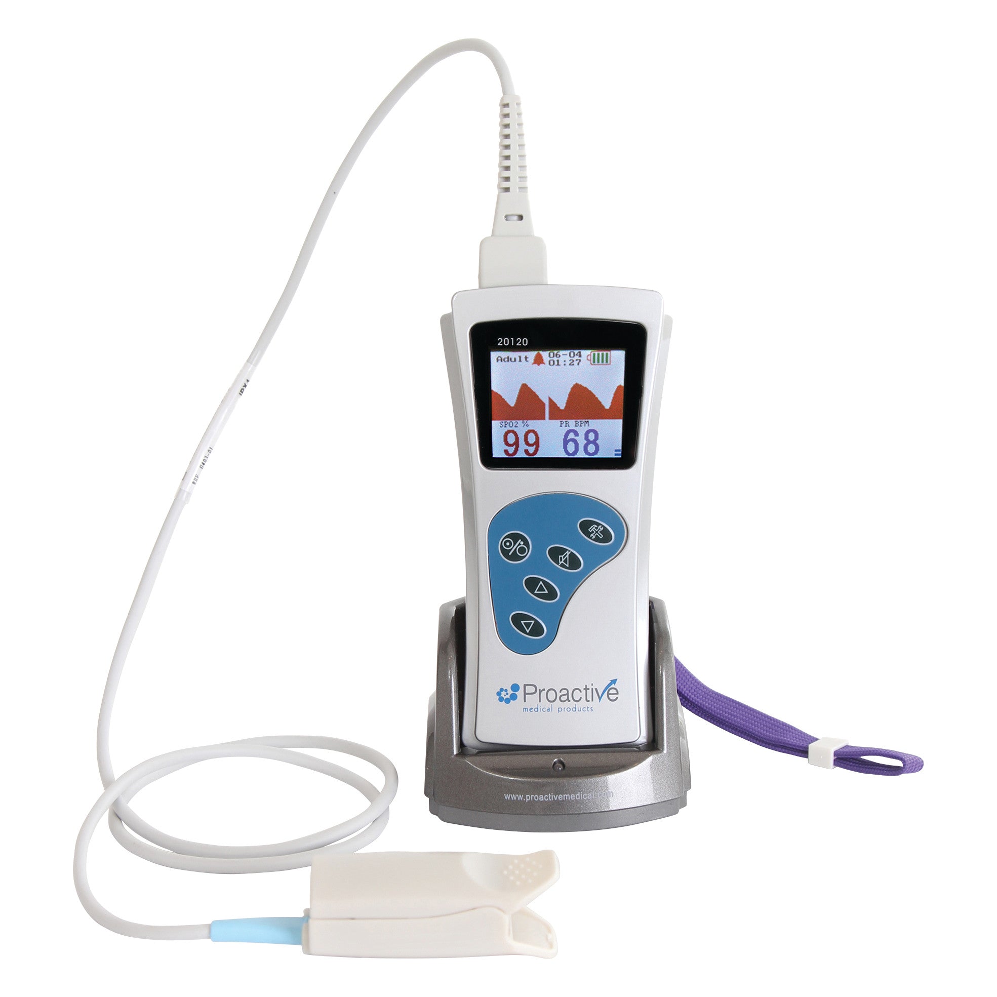 Protekt Deluxe Rechargeable Handheld Pulse Oximeter with display and finger clip sensor attached, showing readings on screen.