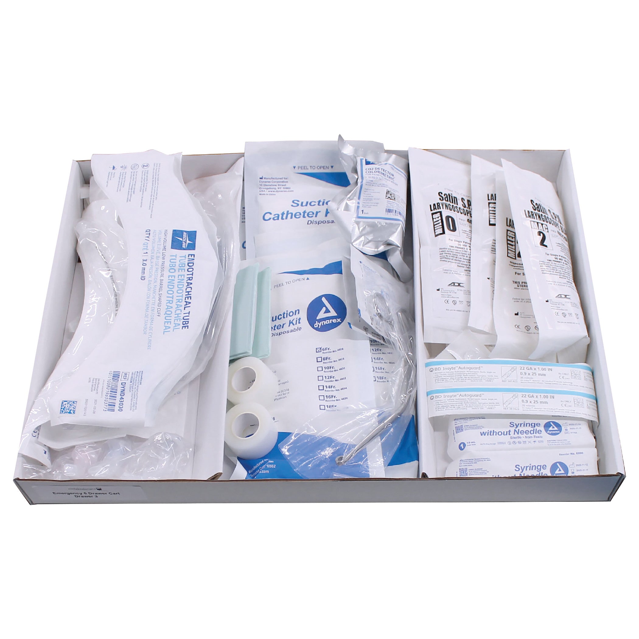 Drawer Refill Kit for Emergency Medical Carts: Pediatric Intubation Supplies, including catheters, tubes, syringes, and tape, organized in a box.