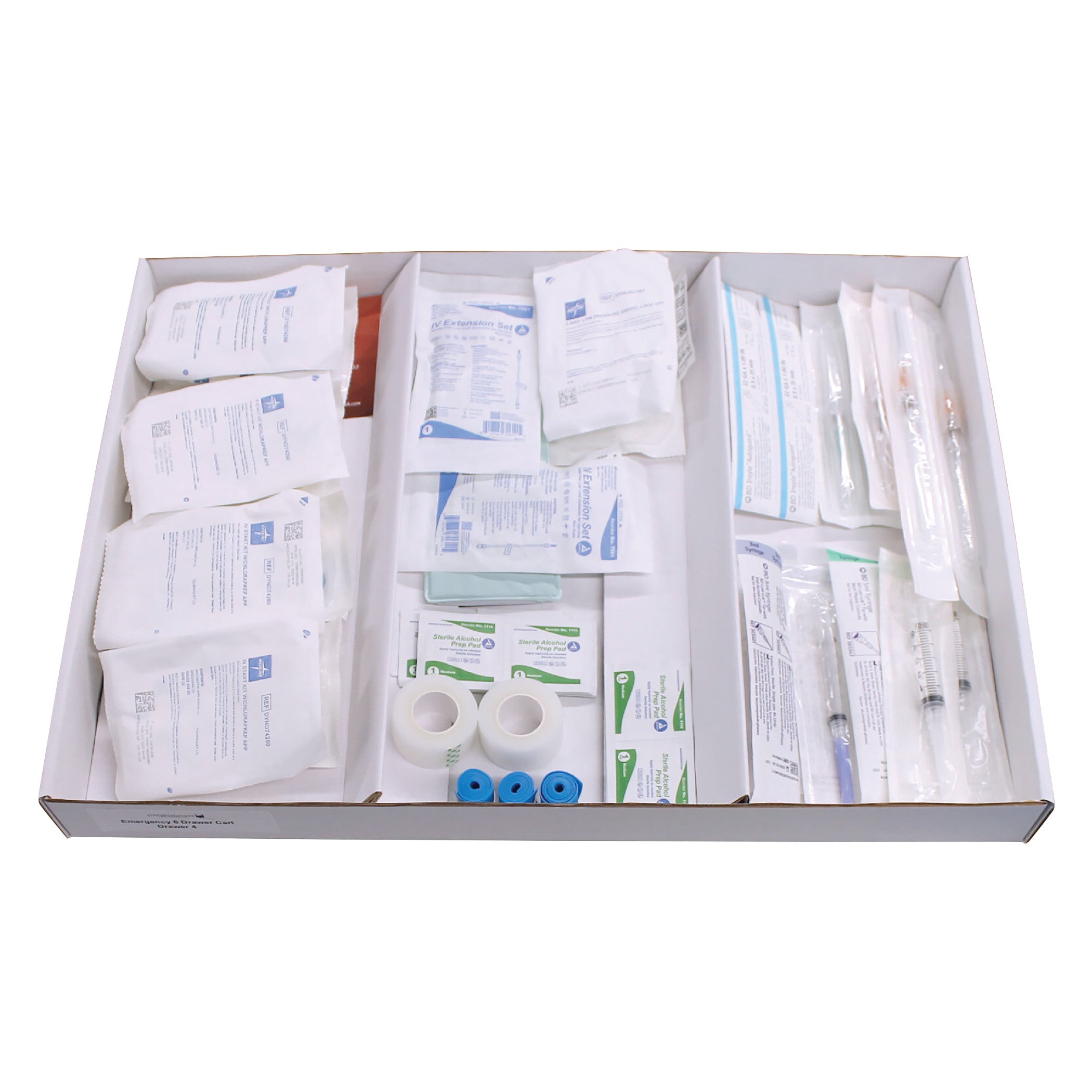 Drawer Refill Kit for Emergency Medical Carts: IV Start Supplies, featuring syringes, bandages, medical tape, and antiseptic wipes.