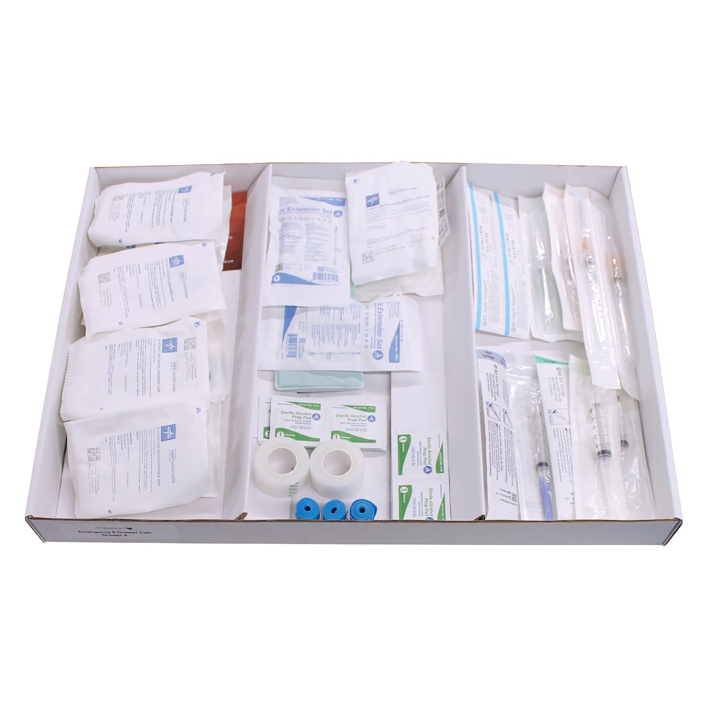 Drawer Refill Kit for Emergency Medical Carts: IV Start Supplies, featuring syringes, bandages, medical tape, and antiseptic wipes.