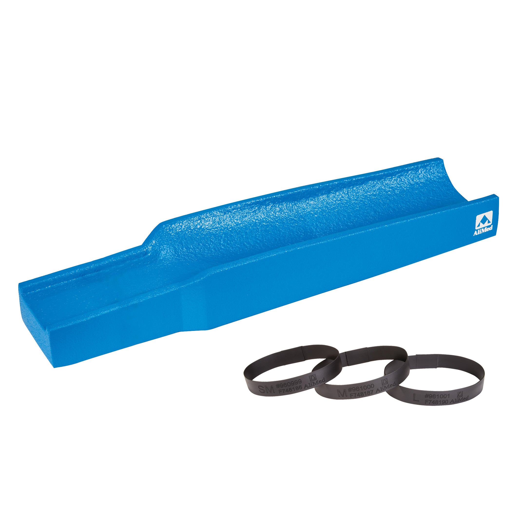 Blue AliMed Dialysis Arm Positioner Kit with a contoured foam support and three black adjustable bands.