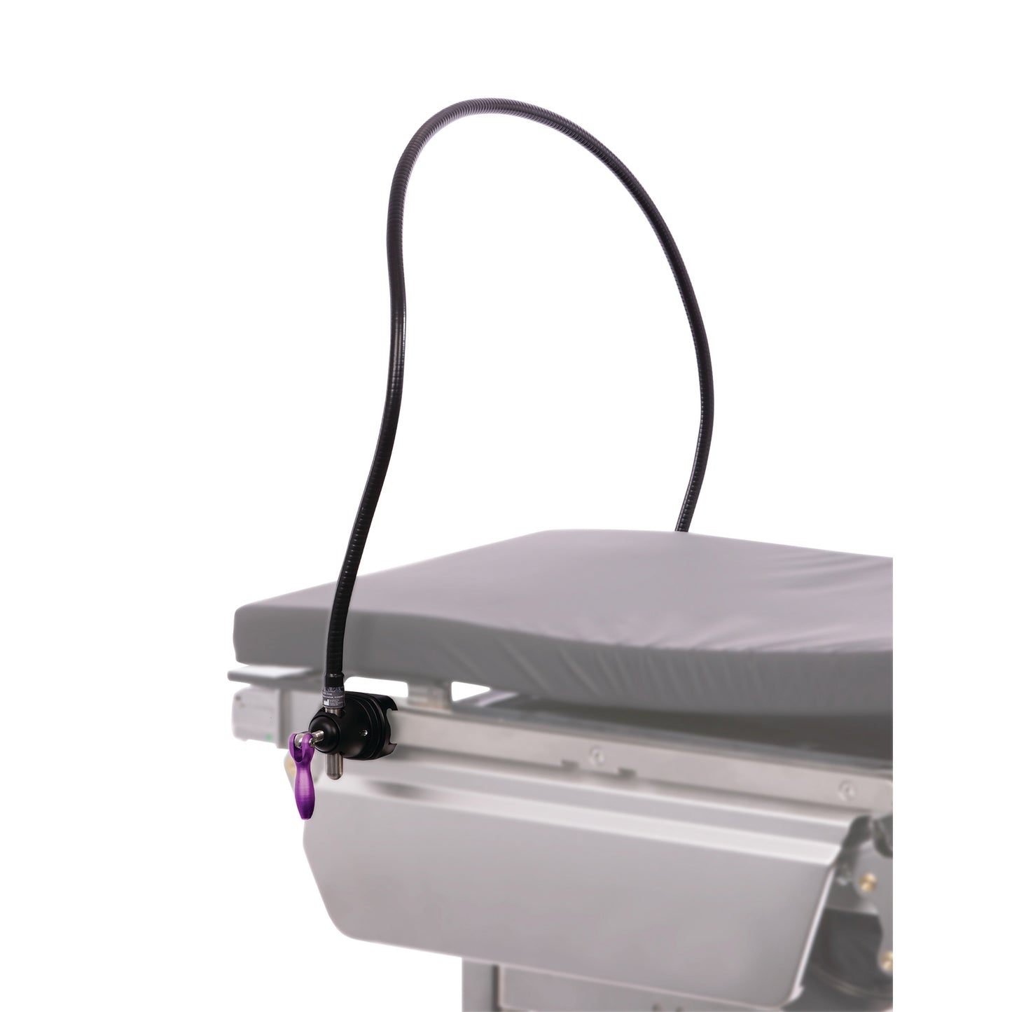 A KYRA Flexible Anesthesia Screen attached to the side of a medical table, featuring a flexible arm and a purple handle.