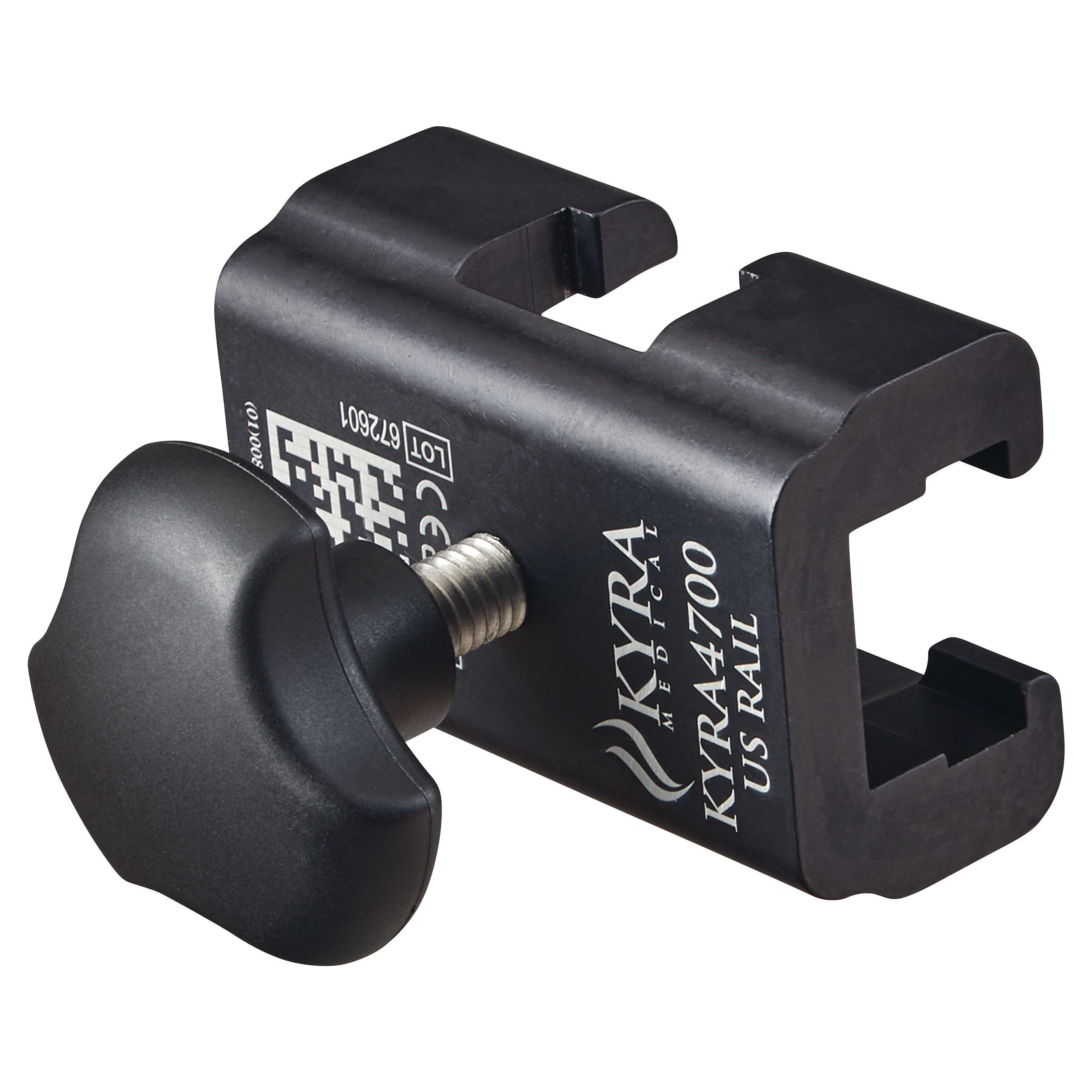 The KYRA Simple Blade Clamp is a black metal medical device with a knob screw, designed for attachment to a US rail system.