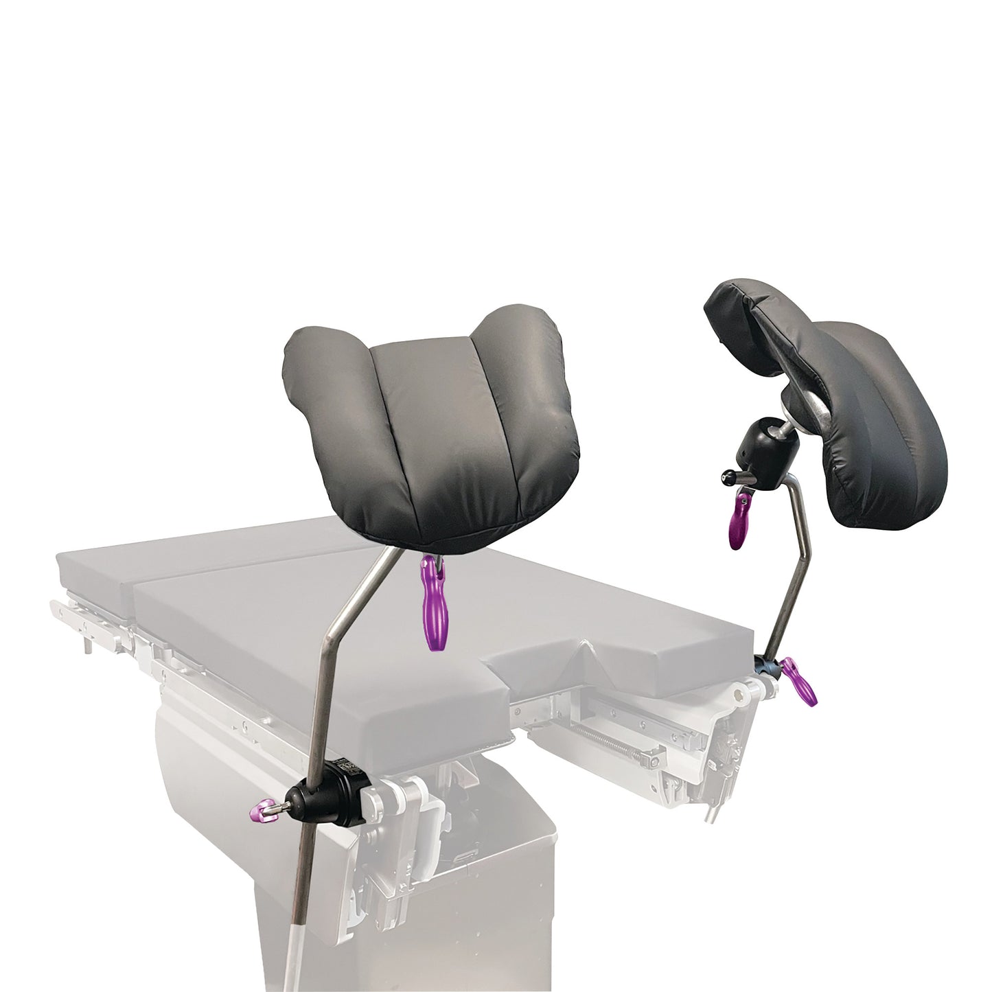 KYRA Goepel Knee Crutch with padded supports attached to a medical table, featuring adjustable metal rods and purple handles.