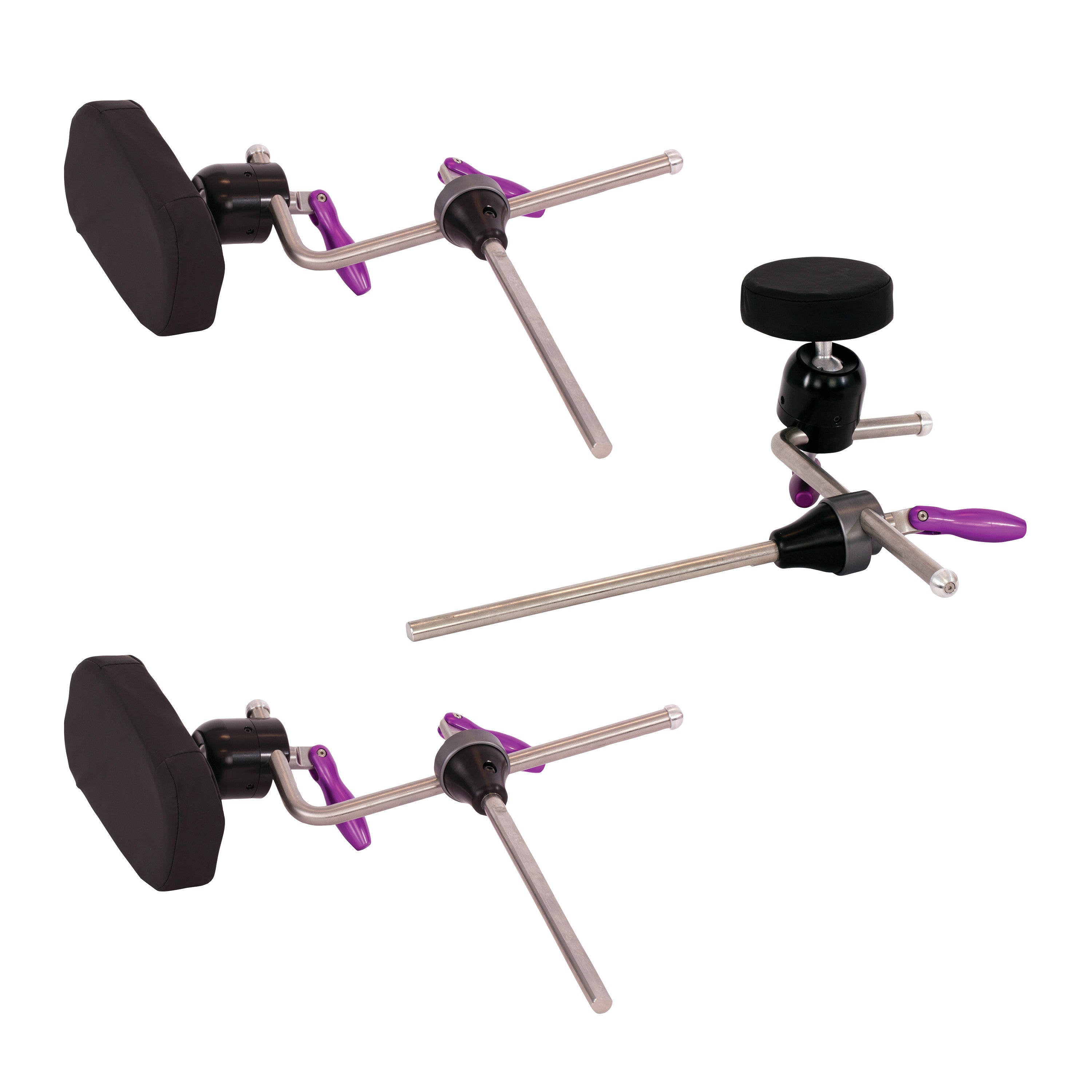 KYRA Lateral Positioning Set featuring two support structures with metal rods, black cushions, and purple handles for medical use.