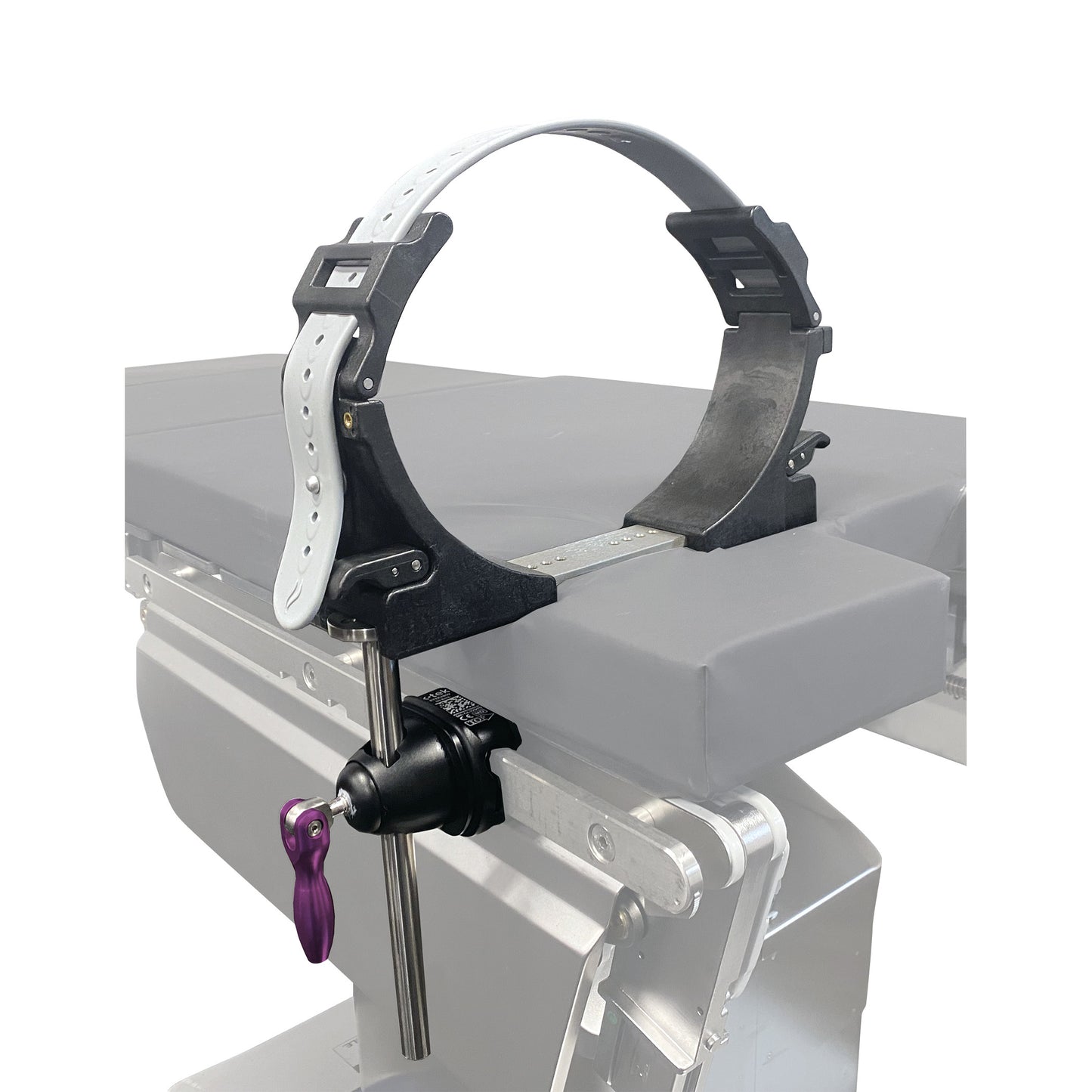The KYRA Arthroscopic Leg Holder is mounted on a surgical table, featuring a large adjustable strap and a purple locking lever.