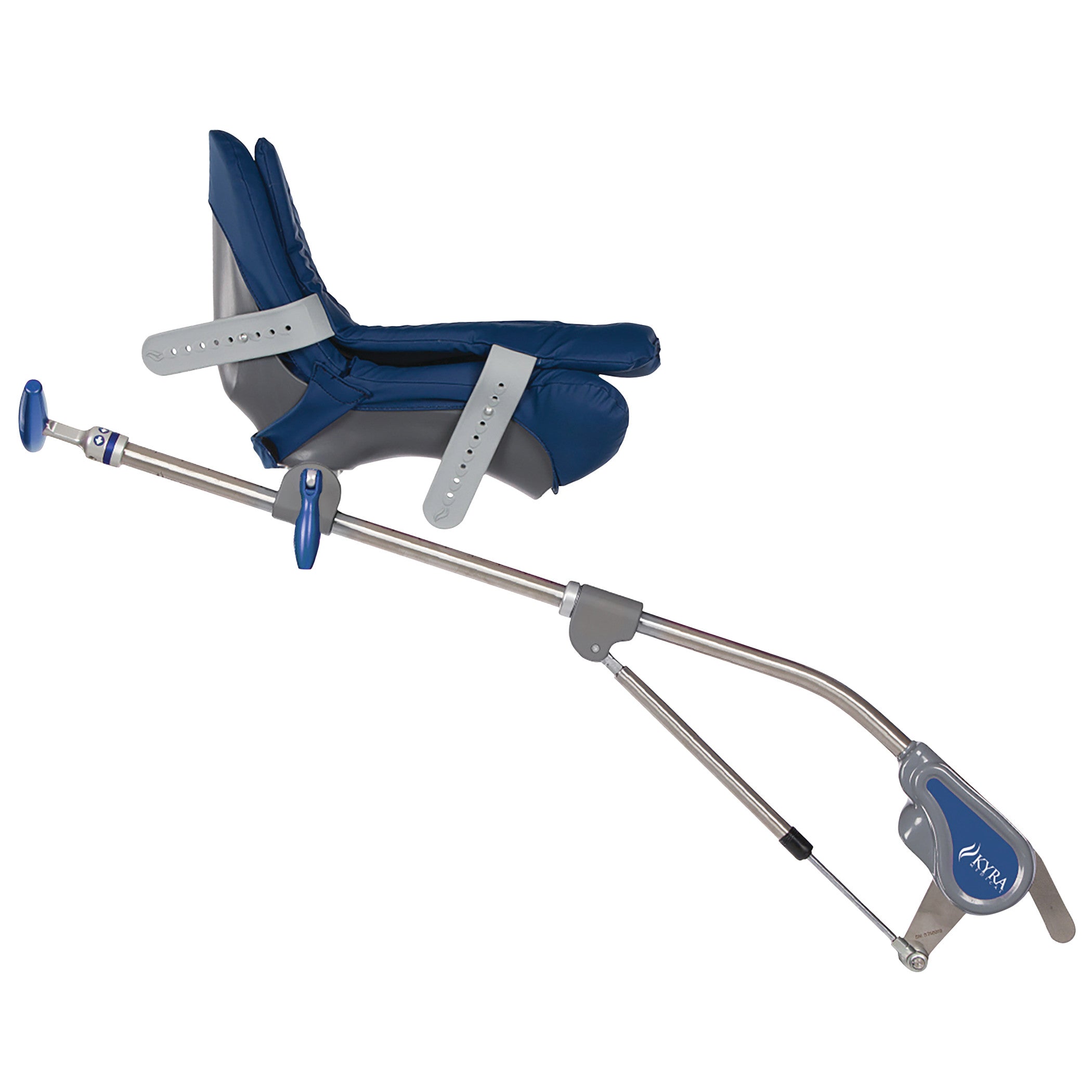 KYRA Blue 400 Lithotomy Stirrup with adjustable blue padded support and metal frame for secure patient positioning.