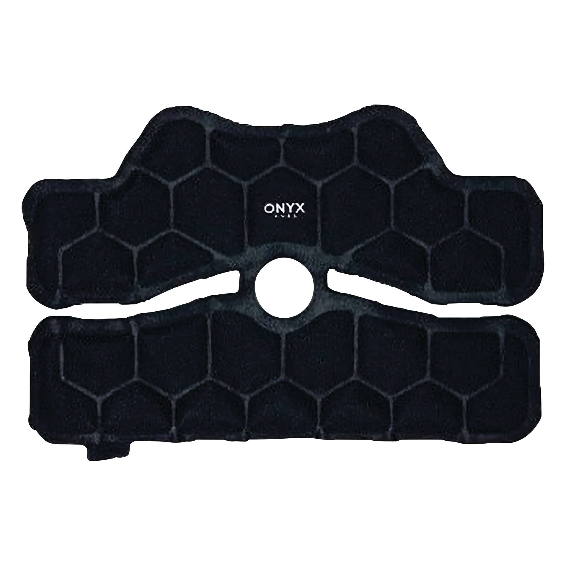 The Xena Therapies Onyx Cool Knee pad features a black hexagonal-patterned design with a central hole and is used for cooling therapy.