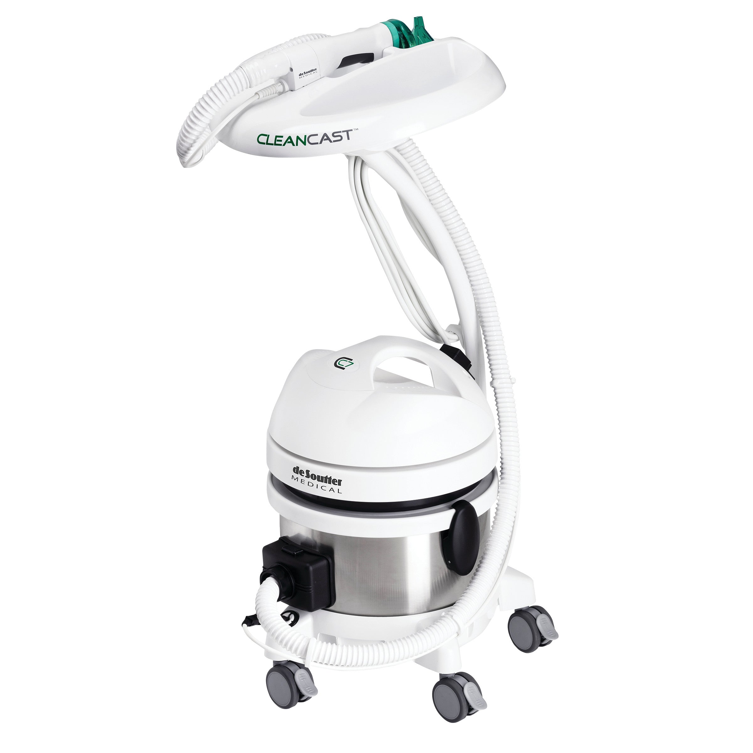 The DeSoutter CleanCast CC7 Electric Cast Saw and Dust Extraction System featuring hoses, a wheeled base, and a handle on top.