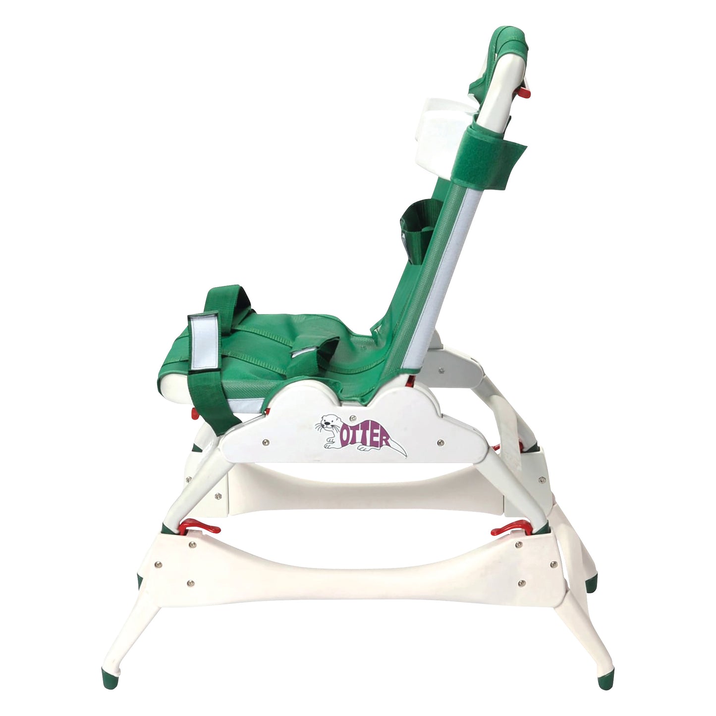 Side view of the Tub Stand for Drive Medical Otter Pediatric Bathing System, featuring green fabric and a sturdy white frame.