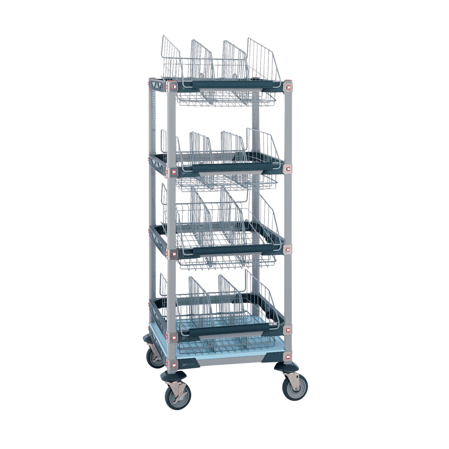MetroMax i IV Transport/Storage Basket Cart with three shelves, each holding wire baskets, on four swivel casters for mobility.