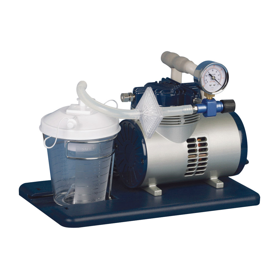 Vac-Assist Suction Aspirator includes a blue motor, a clear canister with measurements, tubing, and a pressure gauge mounted on a base.